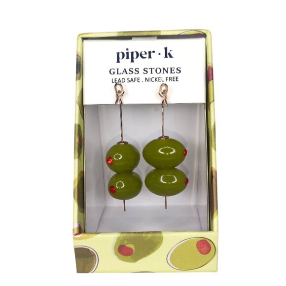 Piper K Martini Olive Glass Stone Drop Hook Earrings - Picture 1 of 6